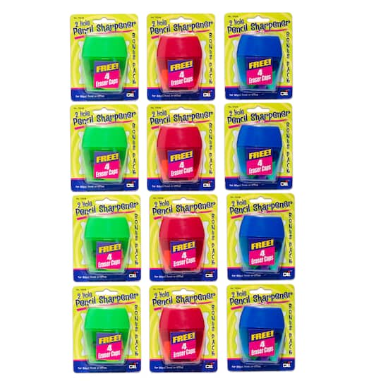 Charles Leonard CHL76548ST-2 3 Hole Pencil Sharpner with 4 Erasers, Assorted Color - Set of 12 - 2 per Set
